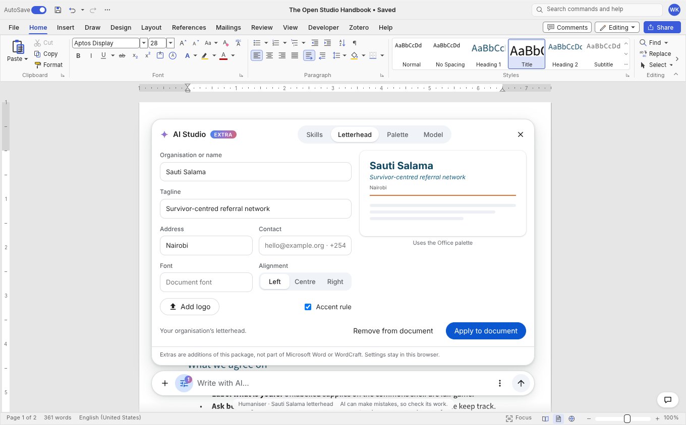 AI Studio showing the organisation's letterhead, ready to apply