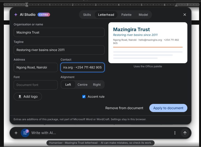 AI Studio letterhead with a live preview