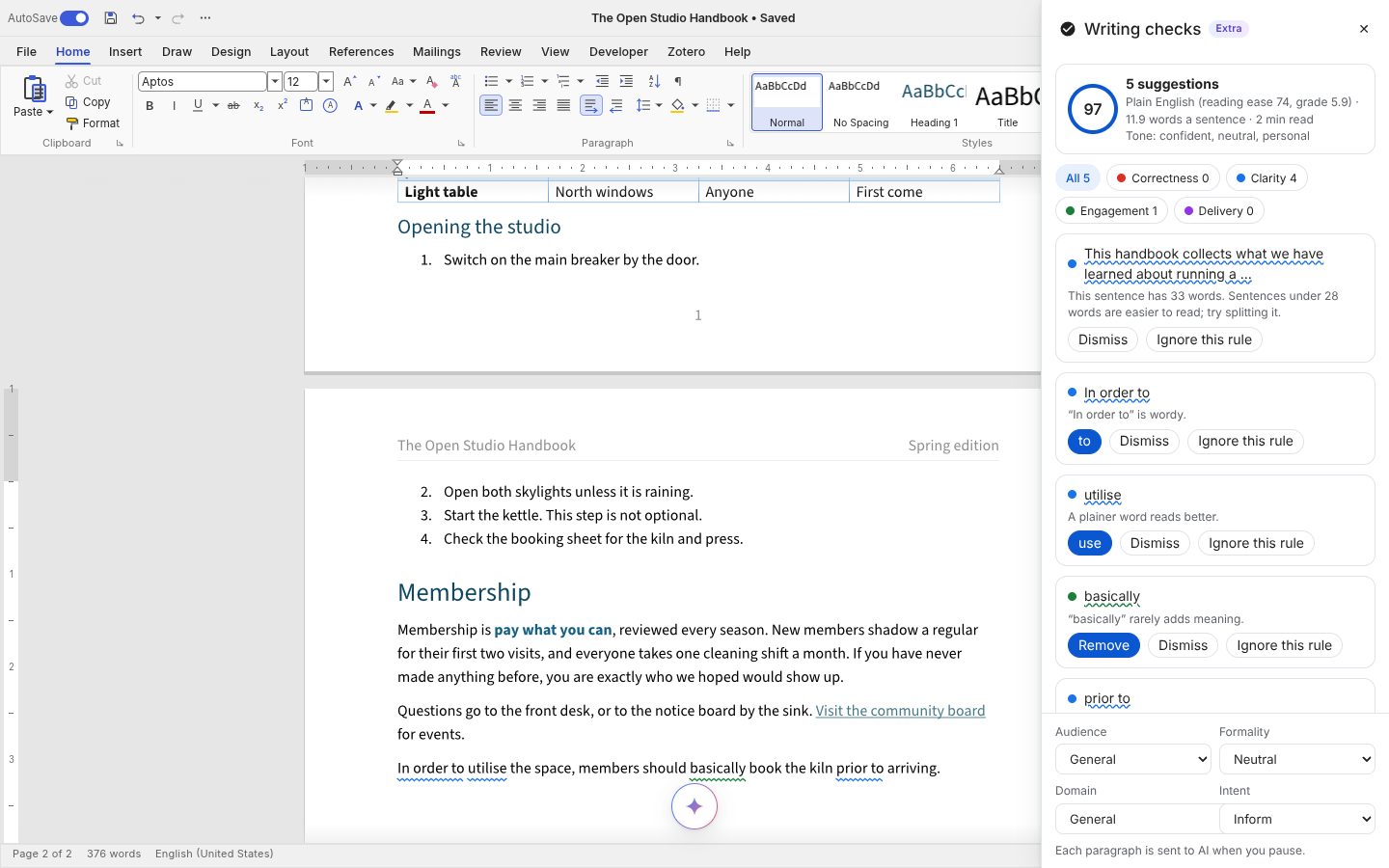 Writing checks: a score, readability, tone and suggestions by category