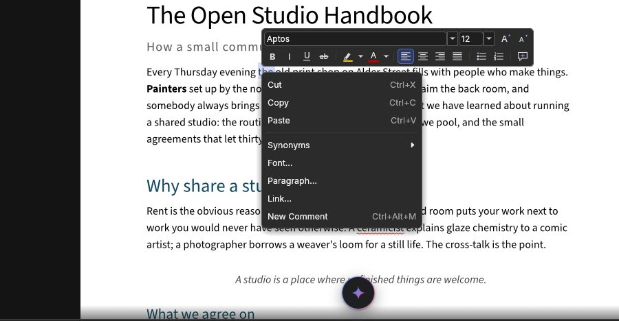 The right-click menu with the mini toolbar above it