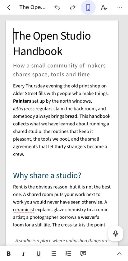 The phone layout: title bar, the page in Mobile View and the quick bar