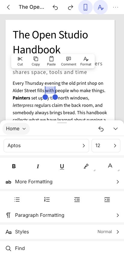 The command palette open on Home, with the font boxes