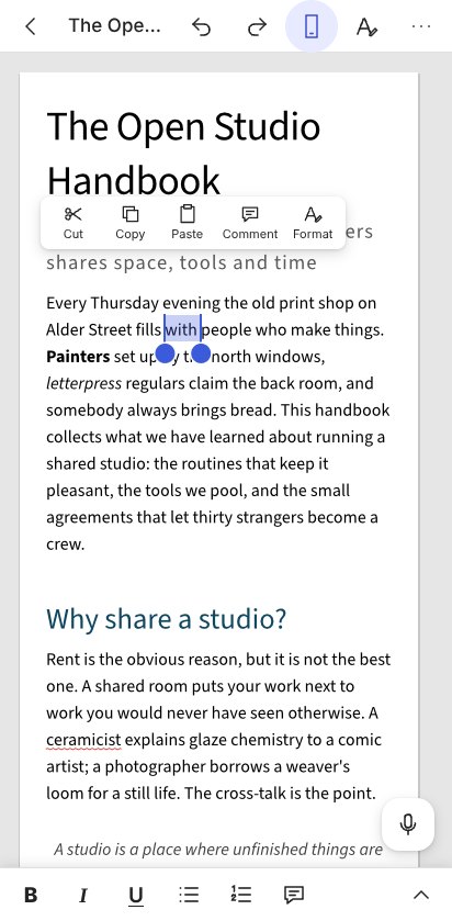 A long-pressed word with handles and the floating toolbar