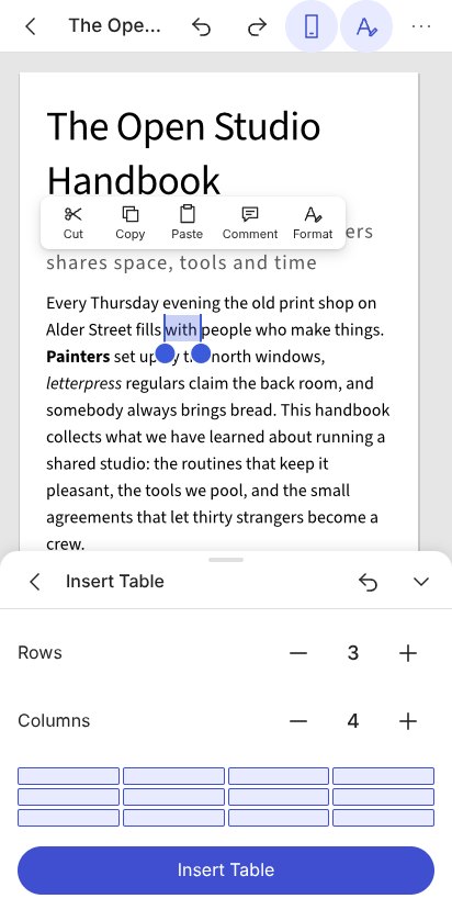 Insert Table as a page inside the palette