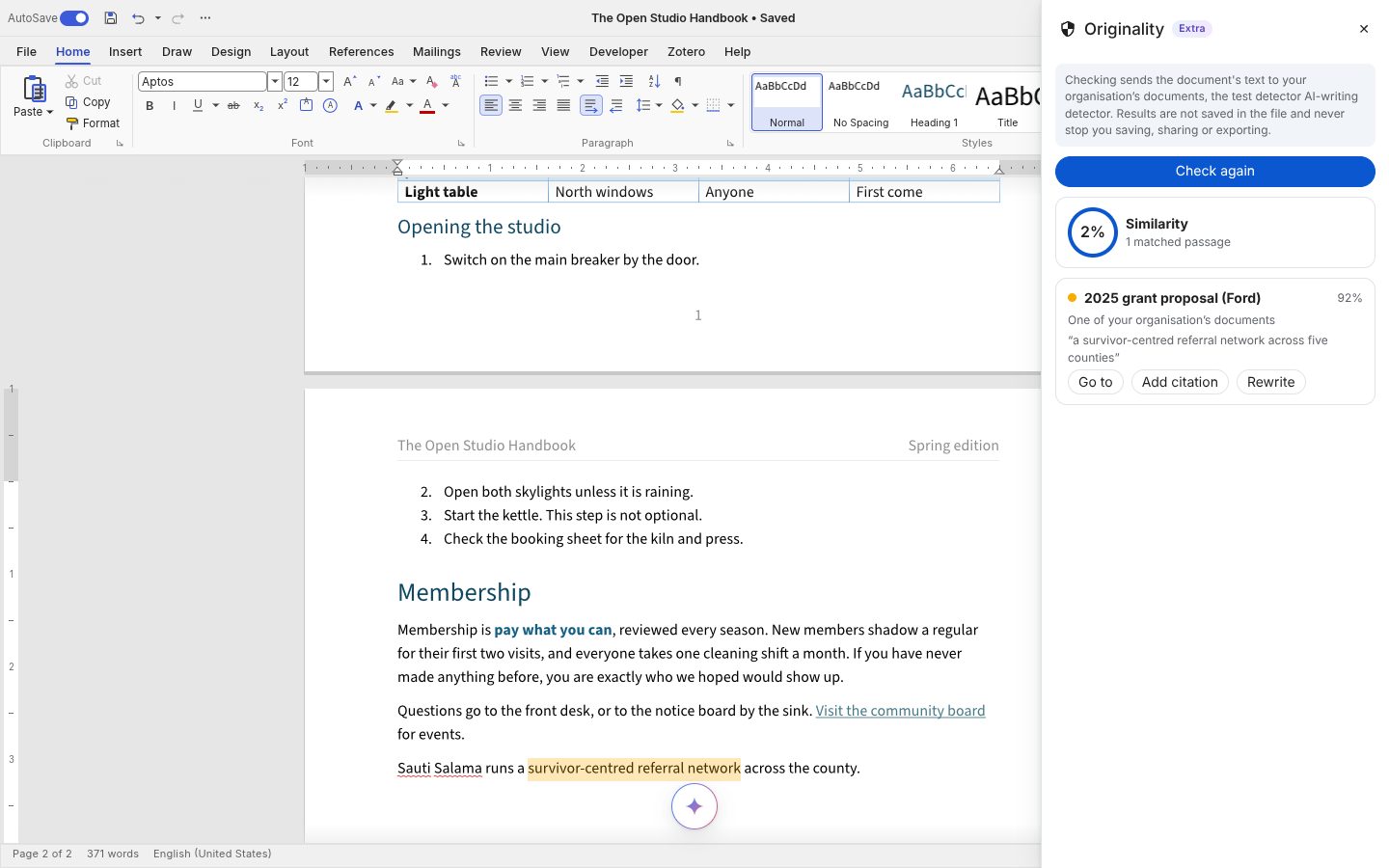 An originality report with a match in the organisation’s own documents