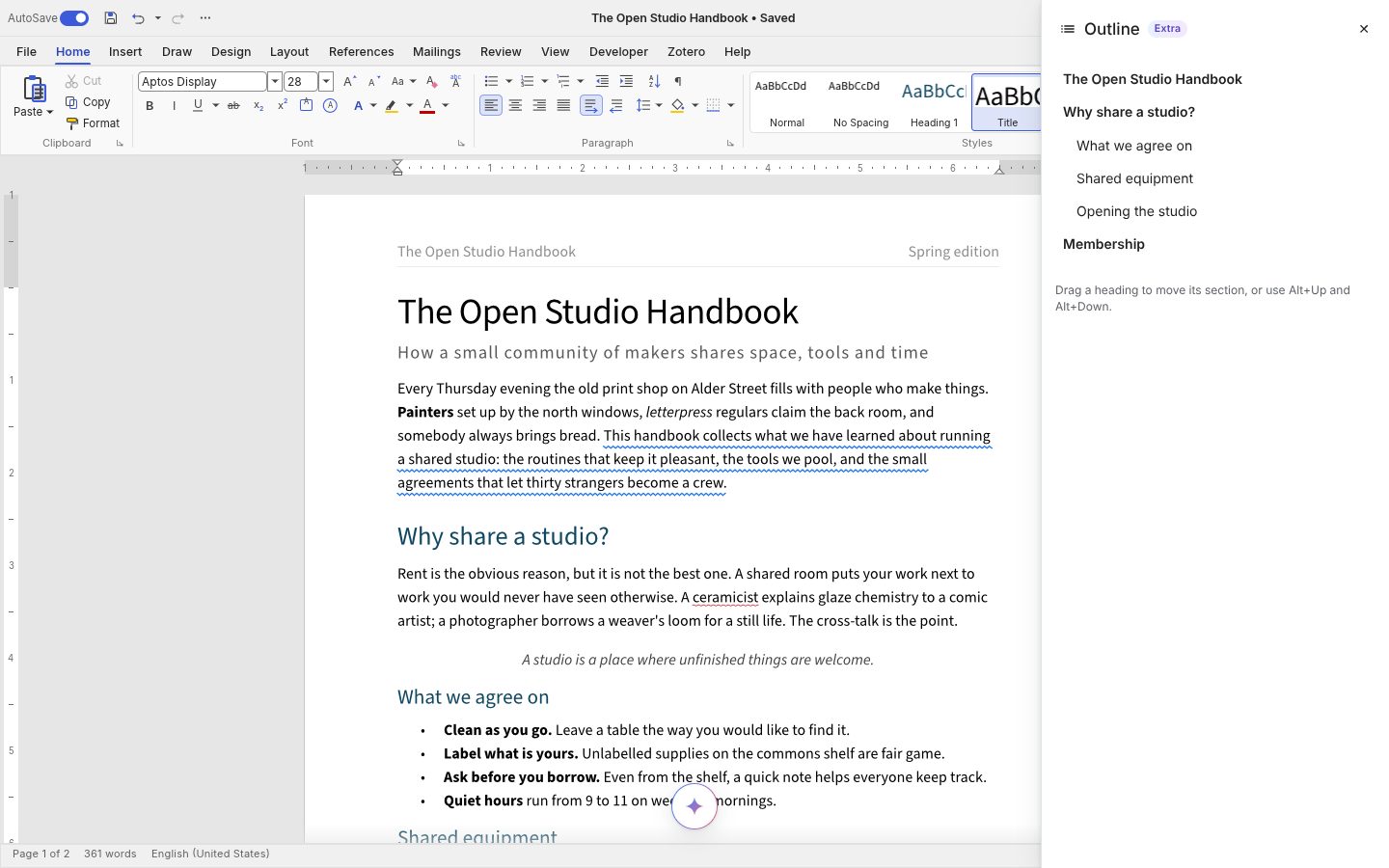 The outline of headings, ready to drag