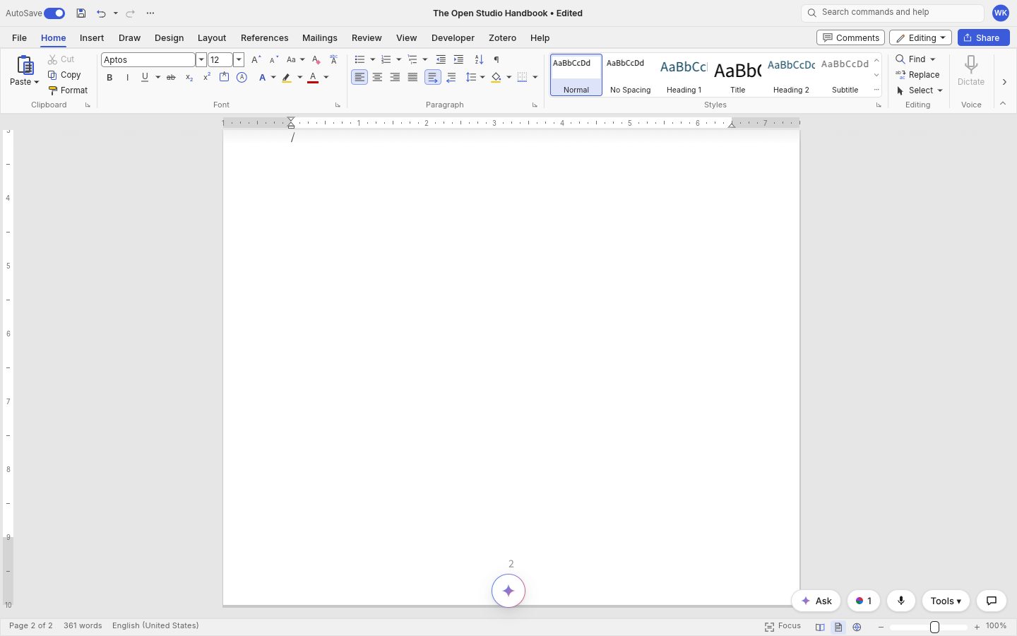 The slash menu at the start of an empty line